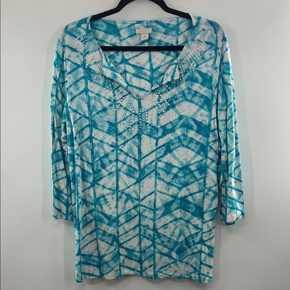 3For$30 Chico's Blue and White Geometric 3/4 Sleeve Relaxed Tunic size: Large